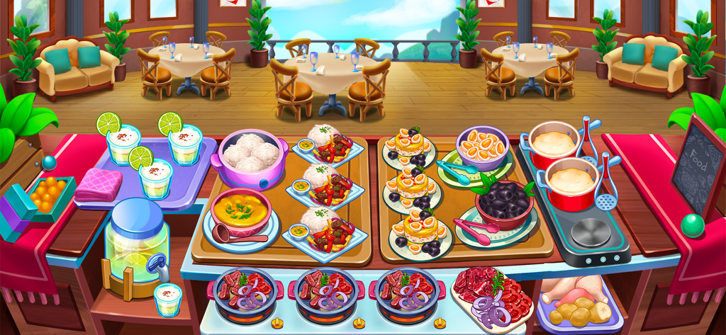 A vibrant restaurant kitchen station with various prepared food dishes in Kitchen Crush game
