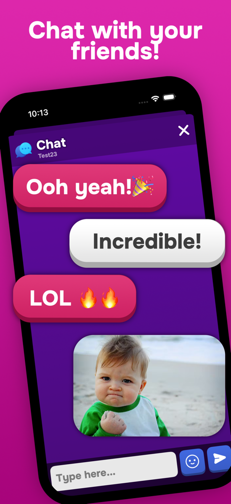 Real time chat interface in Truth Or Dare 2 app with colorful message bubbles and memes