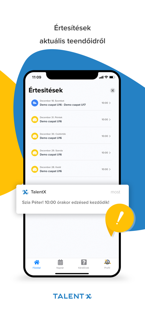 TalentX - Mobile screen of the TalentX app showing sports training notifications and schedule for young athletes