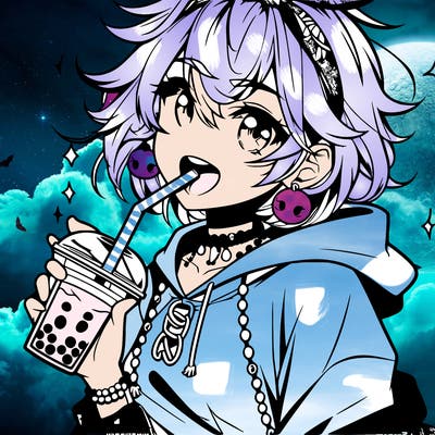 hot baddie anime girl drinking boba and biting the straw