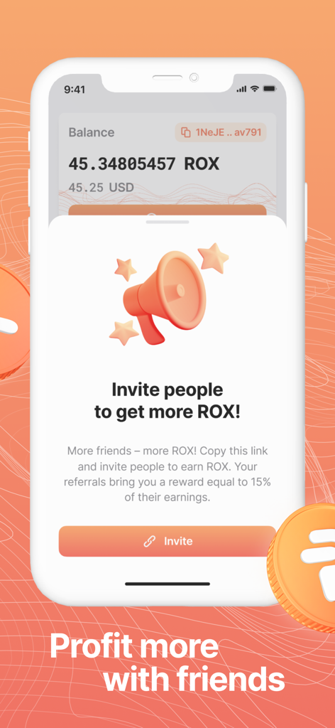 Interfaz de la aplicación Robox Network mostrando la pantalla del programa de referidos para invitar amigos y ganar tokens ROX con la ilustración de un megáfono.