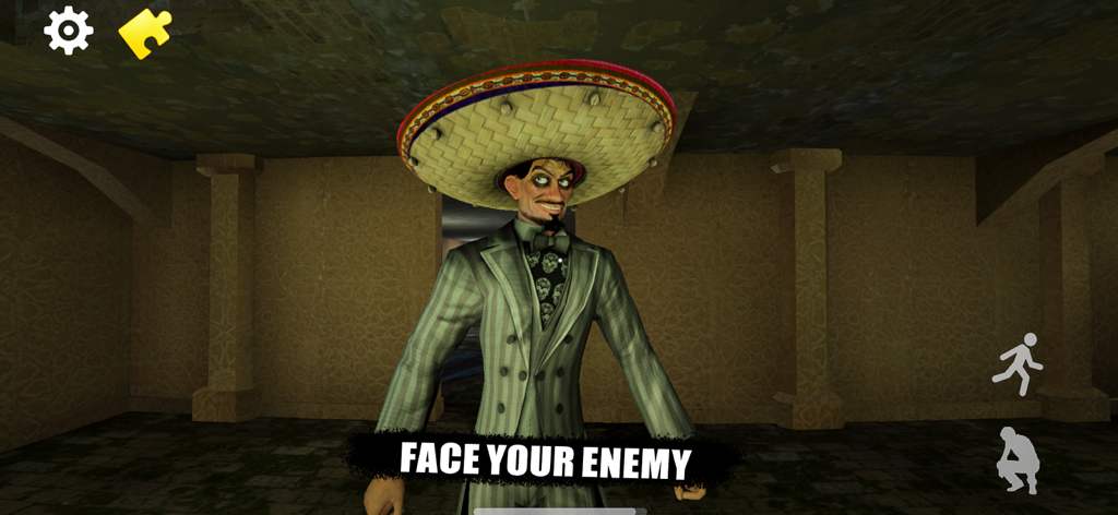 Taco Loco: Horror Game - Creepy taco chef wearing a sombrero in a dark dungeon from Taco Loco horror game