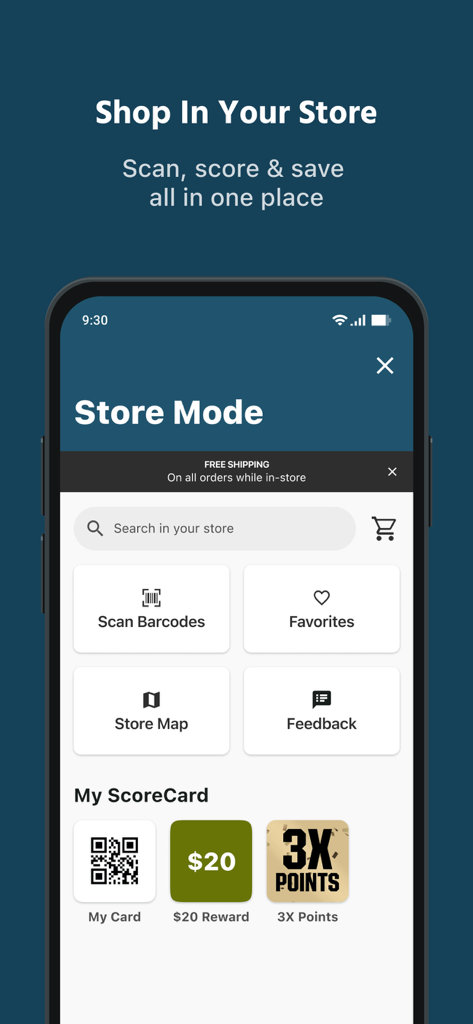 Golf Galaxy app Store Mode interface showing barcode scanning options and ScoreCard rewards