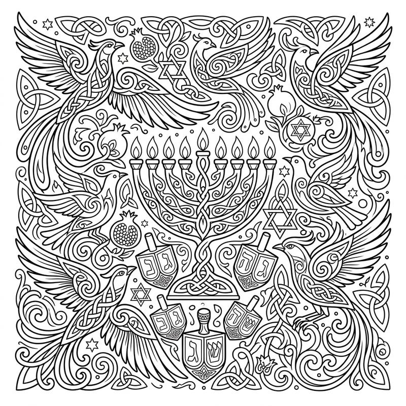 Discover a unique blend of cultures with this Hanukkah coloring page, featuring elegant Celtic knotwork birds intertwined with traditional Jewish symbols. Immerse yourself in a festive design that celebrates light, freedom, and artistic harmony.