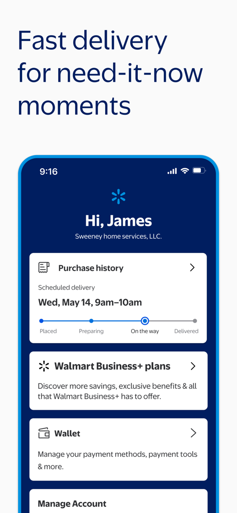 Interface of the Walmart Business app showing real-time delivery tracking for a small business order.