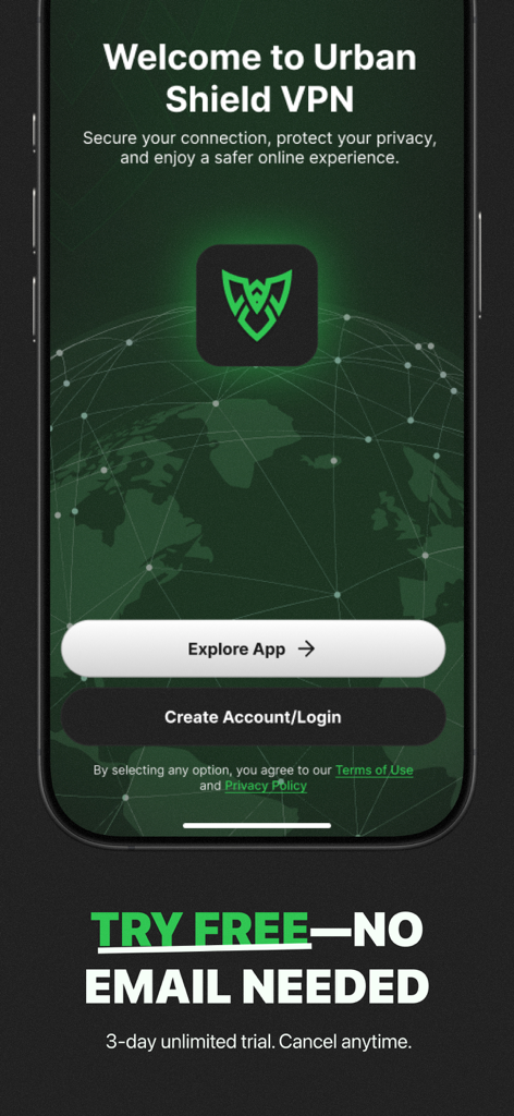 Urban Shield VPN - Urban Shield VPN welcome screen showing the app logo on a global map background with buttons to explore the app or create an account.