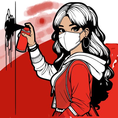 realistic girl with mask spray painting a wall