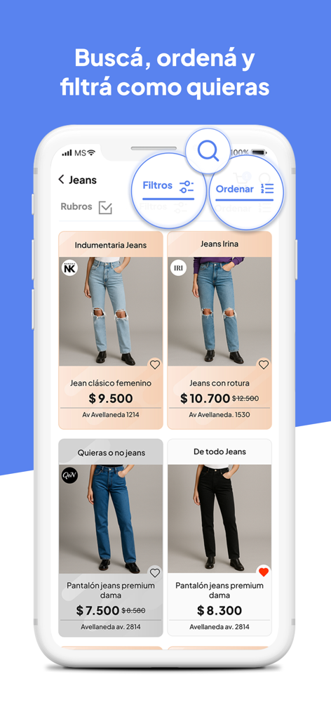 Avellaneda a un toque - Mobile app interface showing search results for jeans with filter and sort options
