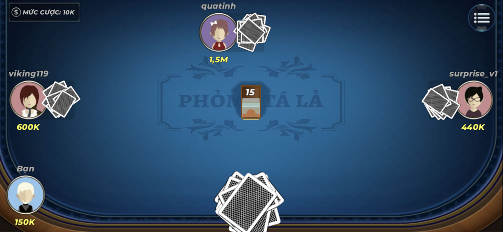 Gameplay interface of Phom Ta La Offline showing a four-player digital card table
