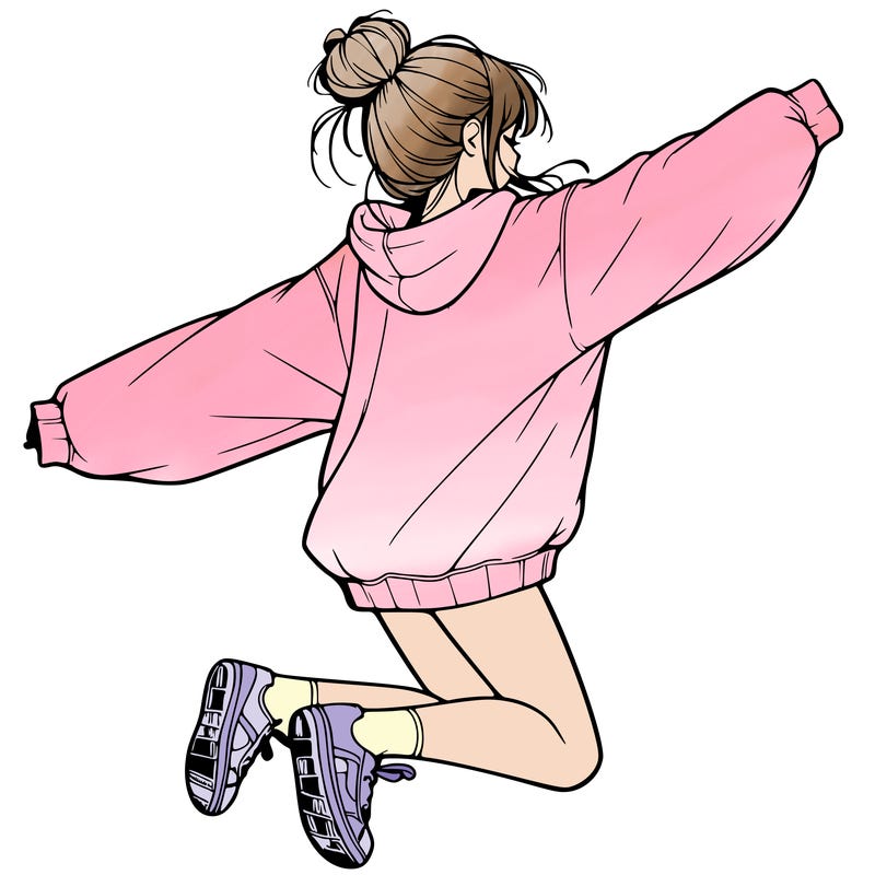 realistic girl jumping with a bun and oversized sweatshirt
