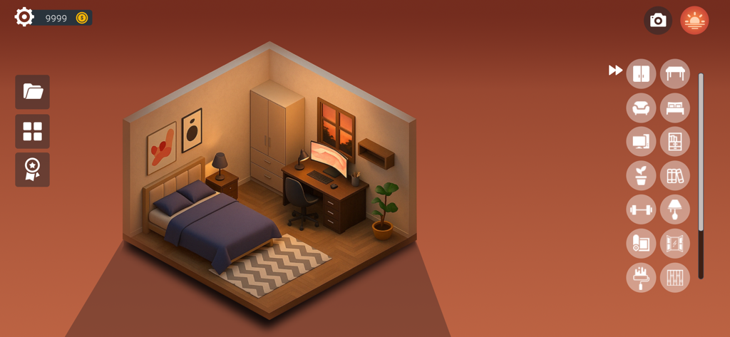 Setup Dream Room - Isometric view of a cozy aesthetic bedroom and gaming desk setup