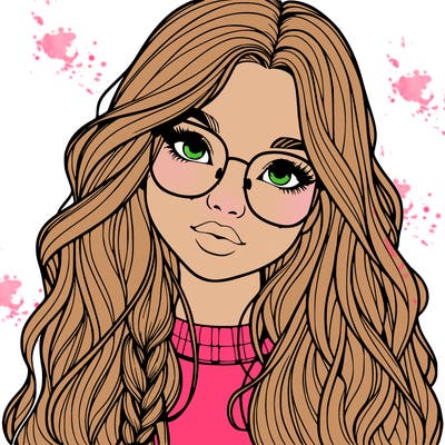 girl with long hair and freckles and glasses realistic