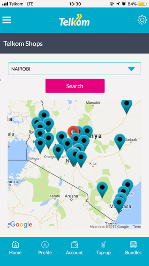 My Telkom - Interface of the My Telkom app showing a map with location pins for Telkom shops in Kenya