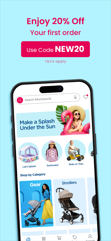 Mumzworld - Pantalla de la aplicación móvil Mumzworld que muestra un descuento en el primer pedido y categorías para cochecitos y artículos para bebés