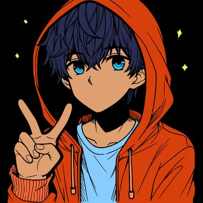 teenage manga boy in a hoodie, doing ✌
