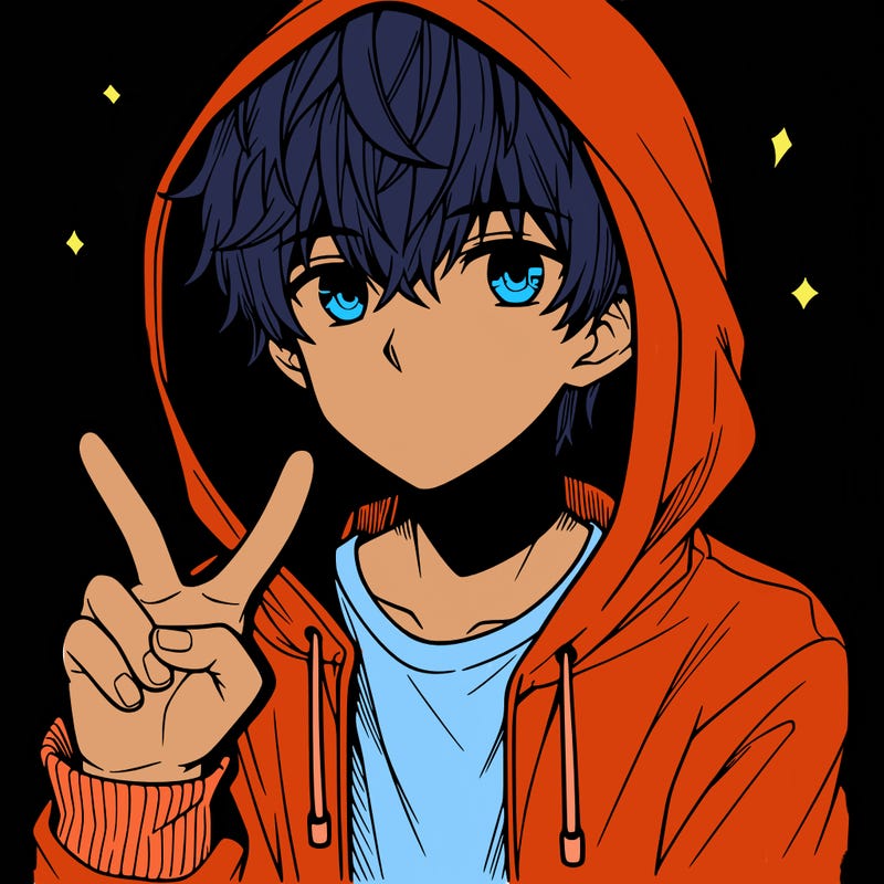 teenage manga boy in a hoodie, doing ✌