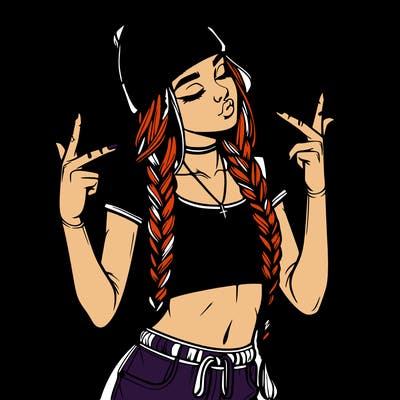 realistic teenage girl with braids and a beanie and crop top doing 🫶🏼