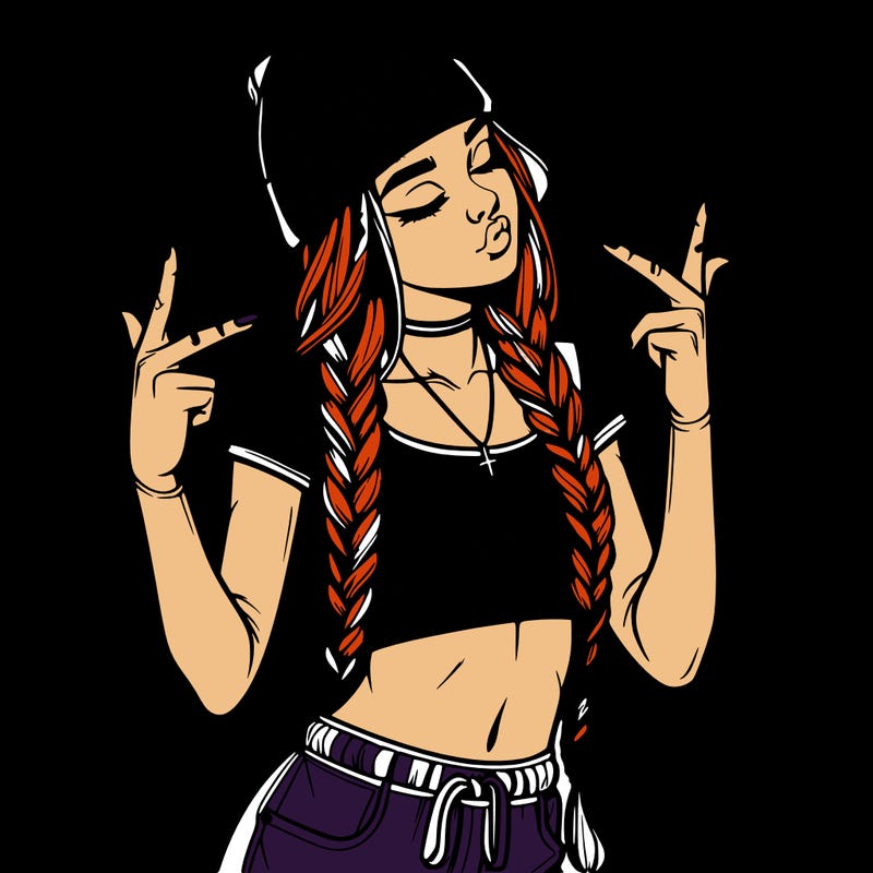 realistic teenage girl with braids and a beanie and crop top doing 🫶🏼