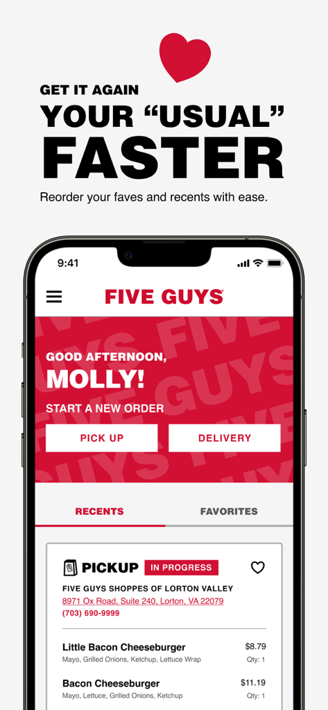 Five Guys Burgers & Fries - Interfaz de la aplicación móvil de Five Guys que muestra pedidos recientes y opciones de recogida y entrega