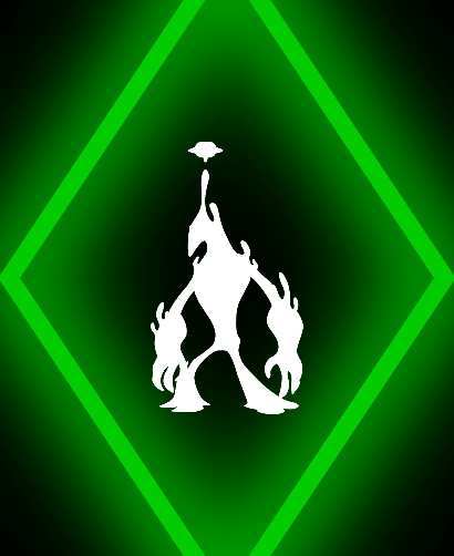 Silhueta branca de herói alienígena dentro de um quadro de diamante verde brilhante