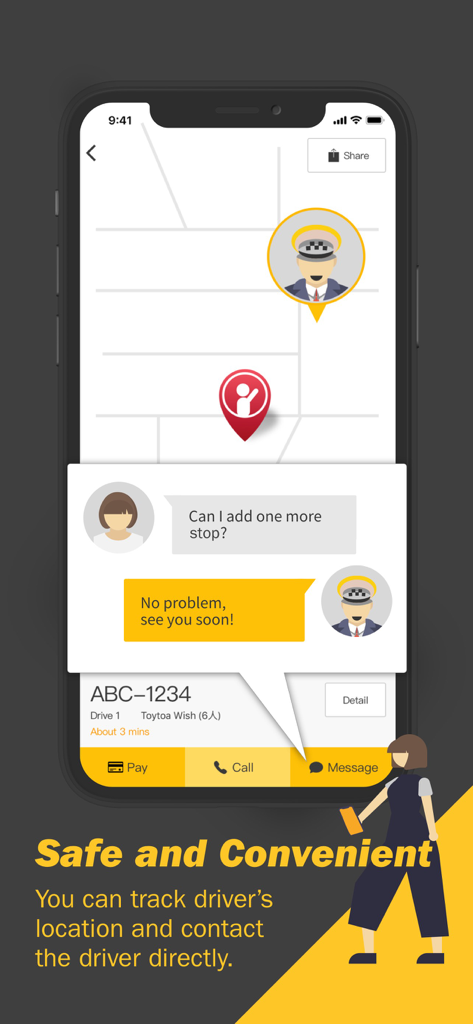 FindTaxi - FindTaxi app interface showing live map tracking and a chat window with a driver