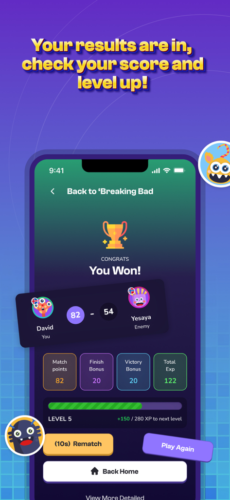 QuizWiz - Trivia App - Pantalla de resultados de partida de la aplicación QuizWiz mostrando la victoria del jugador con puntuaciones y puntos de experiencia