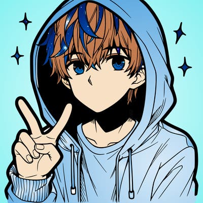 teenage manga boy in a hoodie, doing ✌