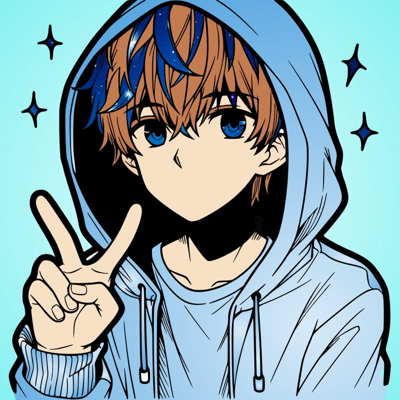 teenage manga boy in a hoodie, doing ✌