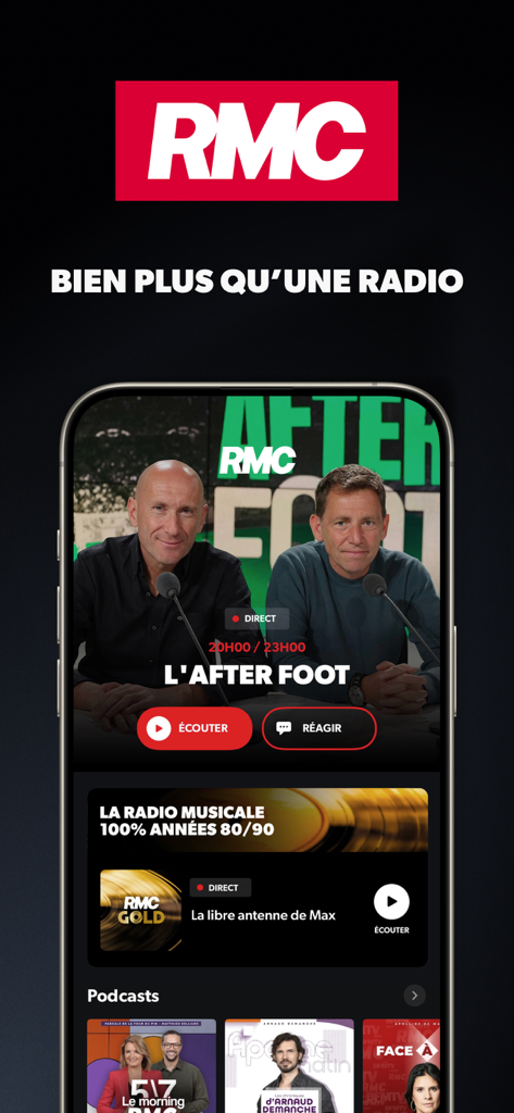 Interfaccia dell'app mobile RMC Radio che mostra lo spettacolo sportivo After Foot e la radio musicale RMC Gold