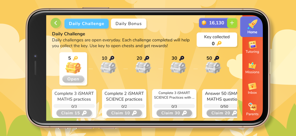 iSMART Pro - Interfaccia dell'app iSMART Pro che mostra sfide giornaliere per la pratica di matematica e scienze con ricompense chiave e forzieri del tesoro