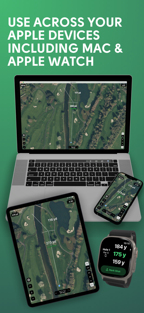 Interface do aplicativo Shot Pattern Golf GPS no MacBook iPad iPhone e Apple Watch