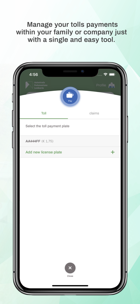 Mautzahlungs-Oberfläche der Pedemontana Lombarda App mit Details zum Kennzeichen.