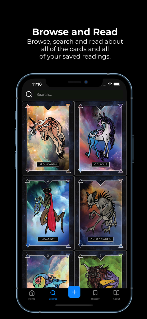 Grid view of illustrated mystical creature oracle cards in the Aether Creature Cards app.