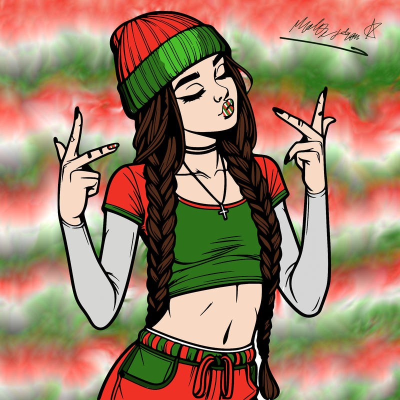 realistic teenage girl with braids and a beanie and crop top doing 🫶🏼