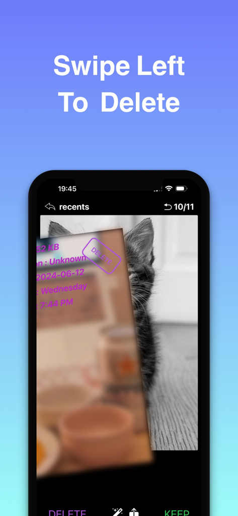 Photoswipe : Photo Cleaner - Smartphone screen displaying the swipe left to delete feature for organizing photos