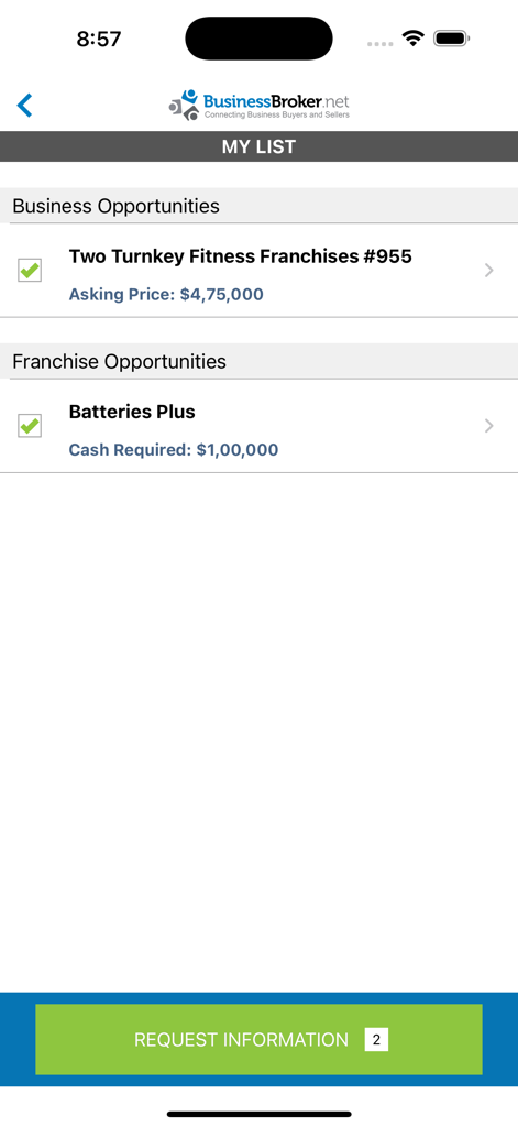 Businesses For Sale - Captura de pantalla de la pantalla Mi Lista en la aplicación Negocios en Venta que muestra oportunidades de negocios y franquicias guardadas.