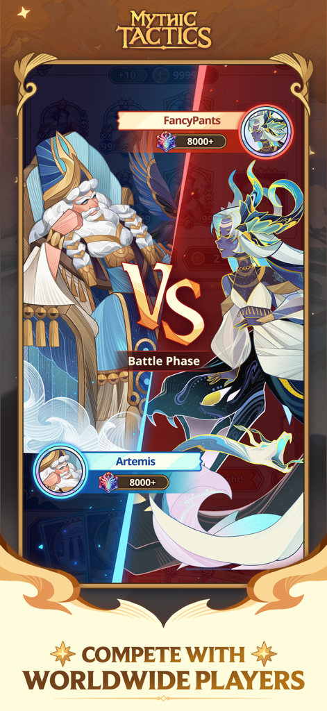 Mythic Tactics: Battleground - Promotional screenshot of Mythic Tactics showing a versus screen between two players with mythological avatars during the battle phase.
