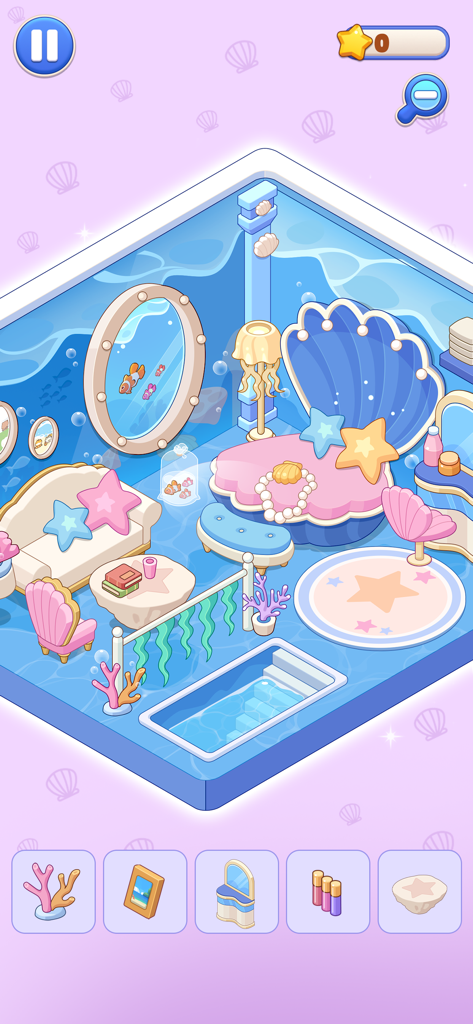 Fantasy Room: Home Decor - Vue isométrique d'une chambre à coucher sur le thème sous-marin avec un lit en coquillage et des décorations océaniques