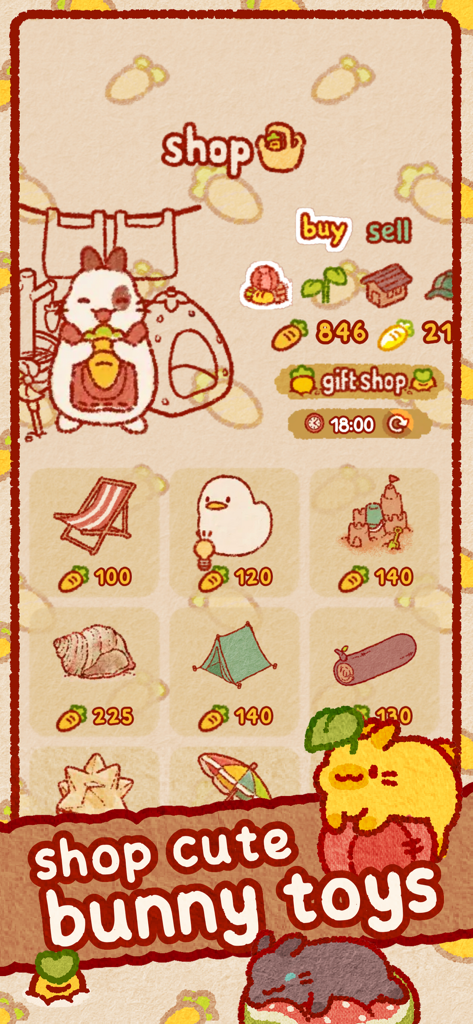Usagi Shima: Cute Bunny Game - A screenshot of the Usagi Shima shop interface showing cute hand-drawn bunny toys and items to collect using carrots.
