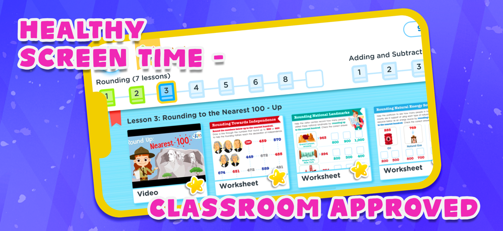 Math Games for Kids: Grade 3 - Grade 3 math learning app dashboard with classroom approved rounding lessons and videos