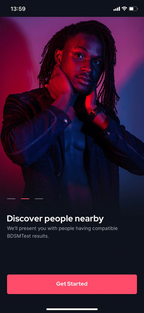 BeeDee app onboarding screen with a man in dramatic lighting and text for discovering compatible people nearby