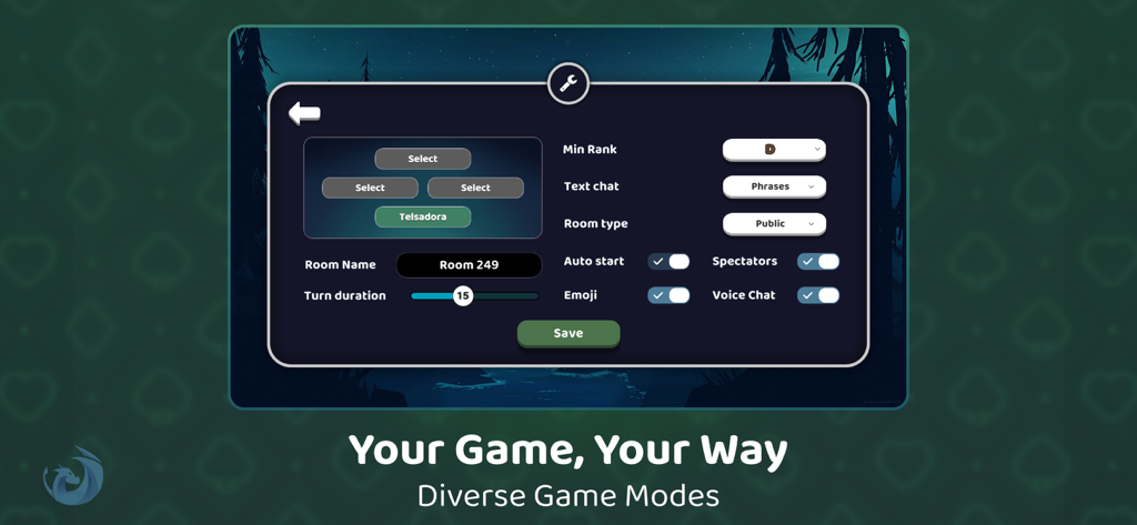 Whist Cards - Menu delle impostazioni di gioco di Whist Cards che mostra opzioni per il grado della chat vocale e i tipi di stanza