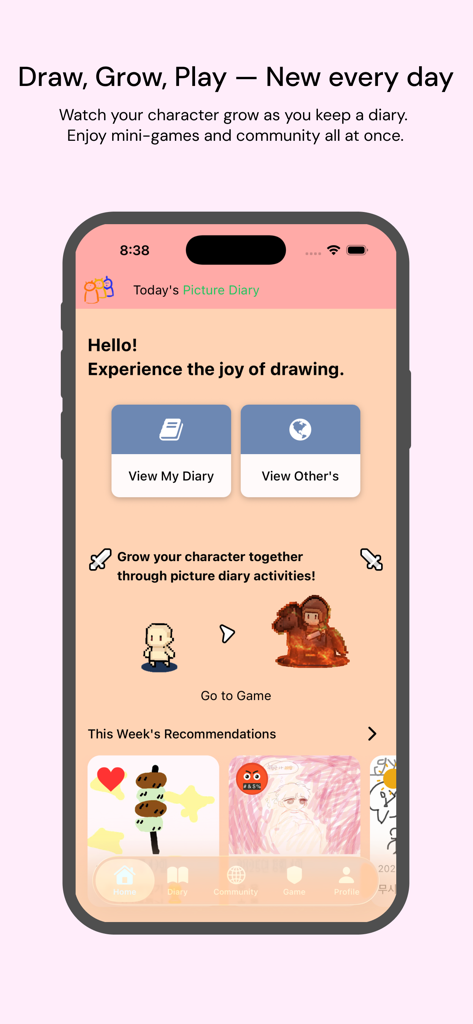 Picture Diary: Draw & Level Up - Home screen of the Picture Diary app showing character leveling and journaling options