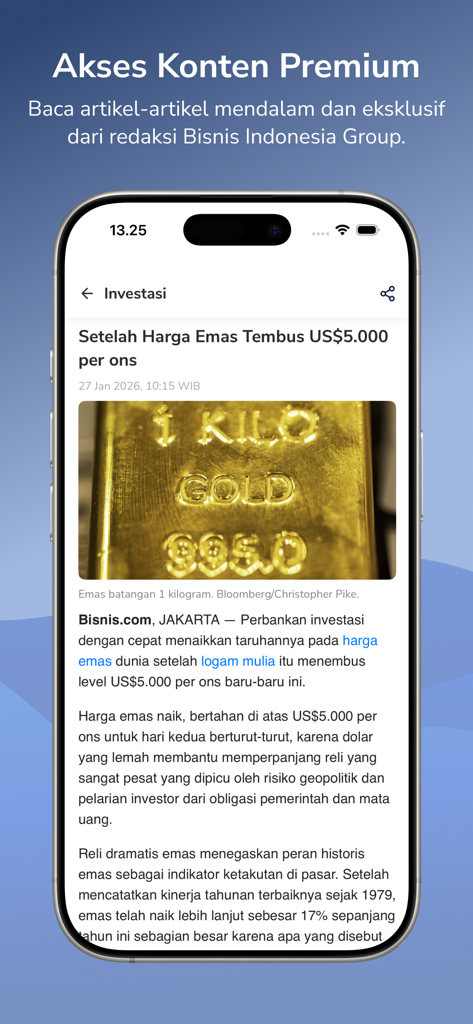 Smartphone screen showing the Bisnis Indonesia E-Paper app with a premium financial article about gold prices.