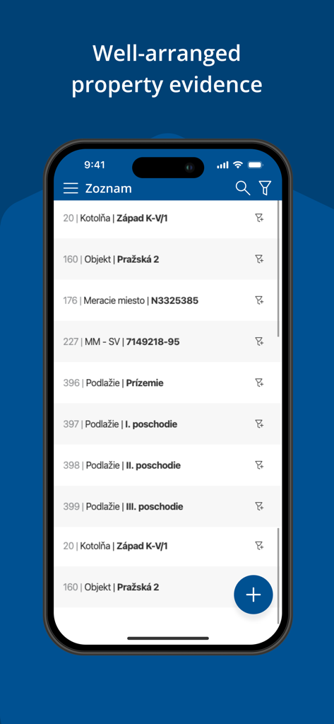 Chastia ONE - Chastia ONE mobile app interface showing a list of property evidence including building levels and boiler rooms
