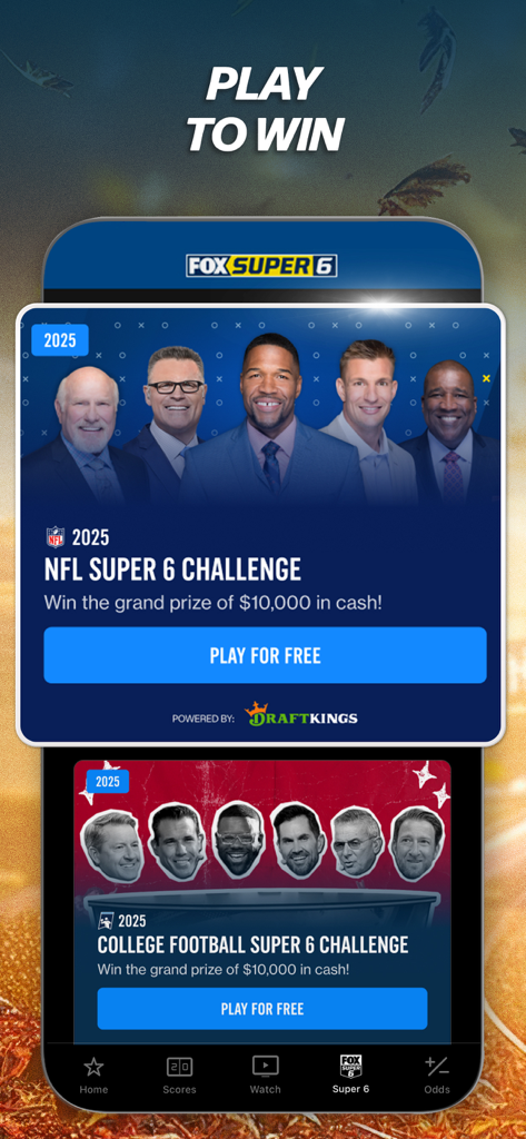 Écran du défi Super 6 de FOX Sports pour la NFL et le football universitaire présentant des prix en espèces et des analystes sportifs.