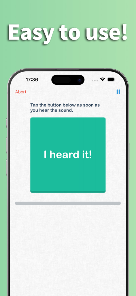 Hearing Test app screen with a large green button for sound detection