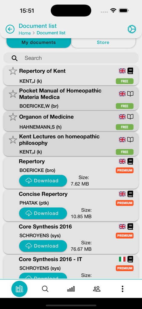 Una lista de documentos médicos homeopáticos y repertorios en la interfaz de la app OpusGo
