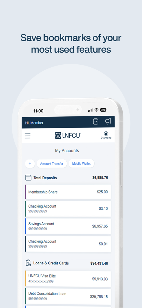 UNFCU mobile app dashboard showing savings checking and loan account balances