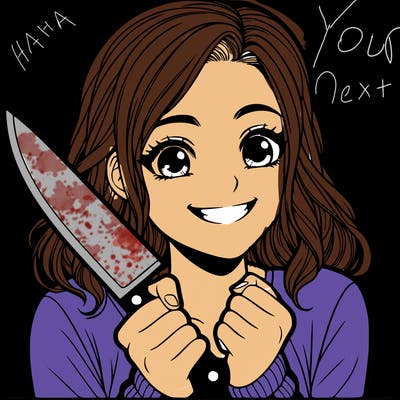 a realistic girl holding a knife and grinning